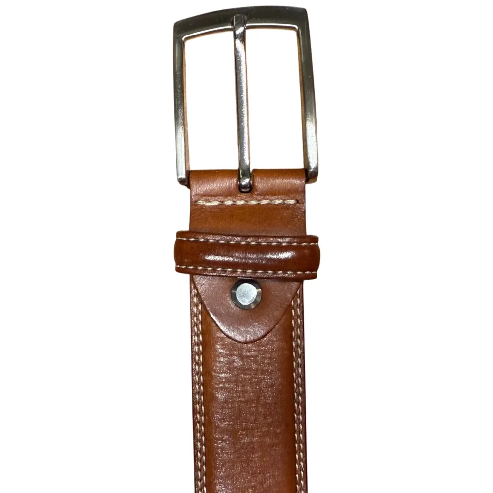 BRONZINO Brown Leather Belt Men's 34/85 Silver Buckle White Stitching Italy